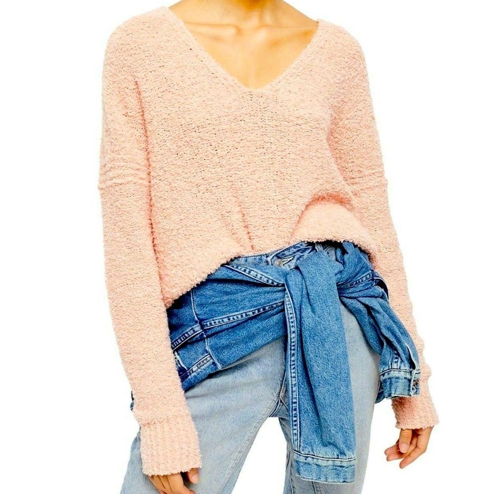 Free People Sz XS Finders Keepers V-Neck Knit Sweater Nude Peach/Pink $108 *U16